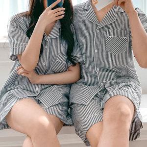 (반팔) 모던라인 반팔 커플 잠옷 파자마 반바지 홈웨어 세트