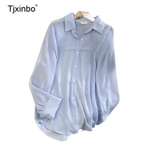 여름 시스루 블라우스 Tjxinbo 여성용 루즈핏 셔츠 자외선 차단