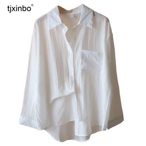 여름 블라우스 tjxinbo 썸머 린넨셔츠 여성용 루즈핏 자외선차단 긴팔 셔츠
