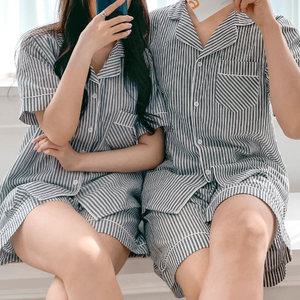 (반팔) 모던라인 반팔 커플 잠옷 파자마 반바지 홈웨어 세트