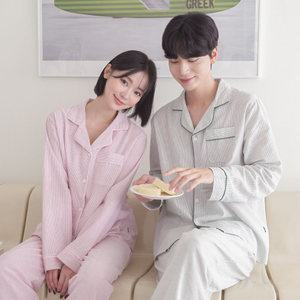 (긴팔) 심플 스트라이프 커플 잠옷 세트 홈웨어 파자마