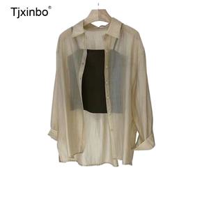 여름블라우스 Tjxinbo 시스루 썸머 썬프루프 린넨셔츠 루즈핏 에어컨룩