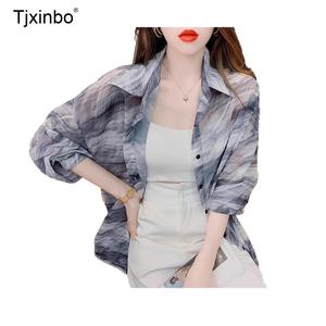 여름 시스루 블라우스 Tjxinbo 자외선 차단 린넨 셔츠 에어컨용 가벼운 여성 상의