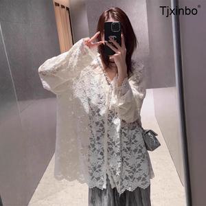 여름 블랙 브이넥 Tjxinbo 레이스 블라우스 에어컨룩 여성용