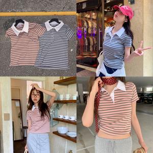 [모코블링] 스트라이프 카라 티셔츠 #반팔티 #카라티 #슬림핏티 #스트라이프티 #슬릿티