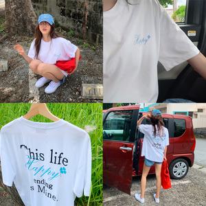 [모코블링] 해피클로버 나염 반팔티 #영문나염티 #사계절티 #오버핏티 #반팔티 #라운드