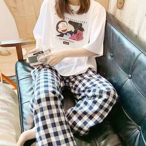 쉬블림로브 (반팔+긴바지) 여성 애니 캐릭터 체크 꿀잠 홈웨어 파자마 잠옷 세트 GGWD