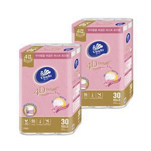[혜택가26,900원]빈다 4D Deluxe 엠보싱 4겹 천연펄프 롤화장지 30롤 2팩  / 미용티슈