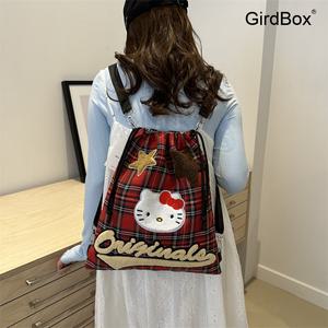 GirdBox 헬로키티 책가방 2024 미니멀 대용량 스트링 백팩 체크 패턴 크로스백 학생 청