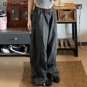 여성 카고팬츠 GirdBox 와이드팬츠 미국식 빈티지 워싱 데님 여름용 여자바지