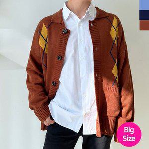 BLEO 남자 봄 가을 빅사이즈 아가일 데일리 긴팔 니트 가디건