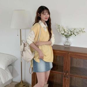 노란색 브이 시보리 루즈핏 드롭숄더 코쿤핏 롱니트조끼