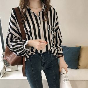 스트라이프 블라우스 카라 여성 루즈핏 세로 셔츠