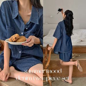 핫핑 메르빈 데님 루즈핏 포켓 반팔셔츠 + 밴딩반바지 set