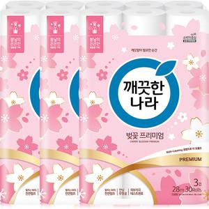 깨끗한나라 벚꽃 프리미엄 3겹 28m 30롤 3팩 (90롤)