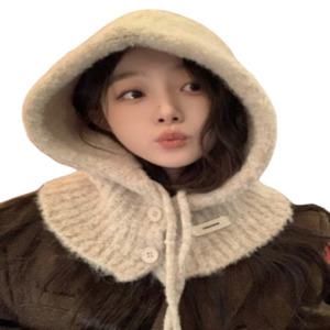 버튼 니트 바라클라바 여성 빅 후드 울 바라클라바 넥워머 방한 발라클라바
