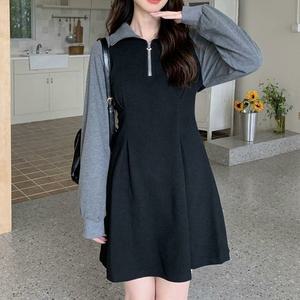 [오노마] ONM 집업 카라 A라인 원피스 나그랑 핀턱 20대 캐주얼룩