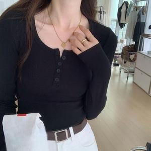[BZJL8OIP_4C]여성 딥 U넥 골지 긴팔티셔츠 단추 3색