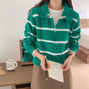 [옷자락]여자 가을 배색줄 집업니트 카라넥 포인트퍼 가디건_P370085428