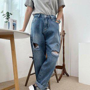 [옷자락]여자 찢청 배기핏 중청 데미지 가을 개강룩 데님팬츠_P344802879