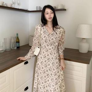 여성 시폰 V넥 플라워패턴 귀여운 롱 랩 원피스