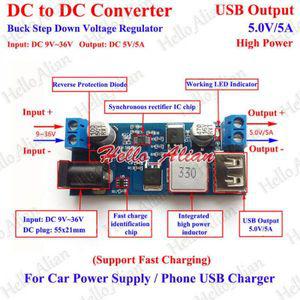 인버터 보드 9V-36V 12V 24V ~ 5V 5A 차량용 USB 충전기 전원 모듈 DC-DC 벅 스텝다운 컨버터