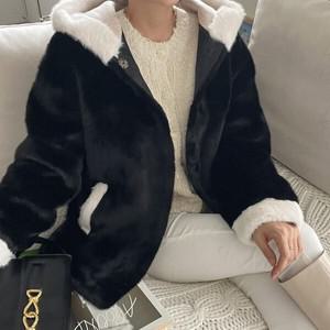 [하프클럽/]여성 퍼후드 배색무스탕 인조모피 하프 숏자켓