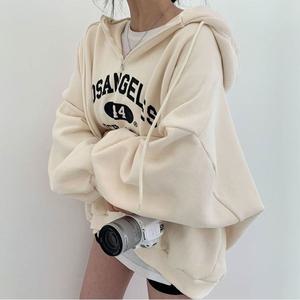 여성 기모 안감 레터링 하프 집업 오버핏 후드 맨투맨
