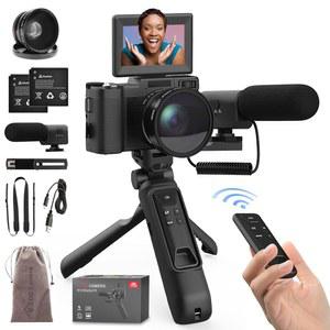 크리에이터 액세서리 키트가 포함된 디지털 카메라 4K 사진 촬영 키트 초보자용 48MP 리모컨 브이로그 카메라, 삼각대 그립, 광각 및 매크로 렌즈, 마이크, 배터리 블랙