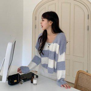 [옷자락]여자 파스텔 단가라 브이넥 싱글버튼 앙고라 가디건_P353018595
