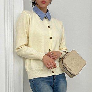 [옷자락]여자 봄 아이보리 페이크셔츠 카라 단추 니트 가디건_P355786738
