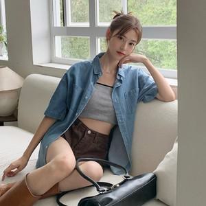 남녀공용 여자 예쁜셔츠 루즈핏 블루 반팔셔츠 데님 5부 청남방 썸머 남자 워크 7부