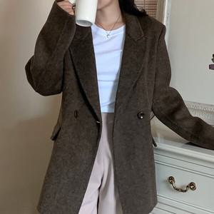 여성 오픈카라 핸드메이드 헤링본 울 자켓