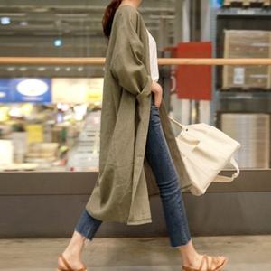 [다잇템] 여자 카라없는 카키 간절기룩 마원단 롱 박시핏 셔츠