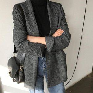 여성 봄 가을 체크 자켓 롤업 클래식 패션 하프 코트 (WFGQFIR)