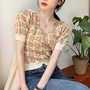 [셀러허브 1][HYD425K0_51IB]예쁜 꽃무늬 브이넥 크롭 니트 여성 티셔츠
