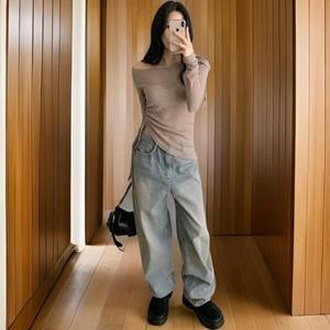 아트박스/신상오픈런 여성 시스루 비대칭 오프숄더 벌룬 티셔츠