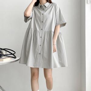 여자 러블리 셔링 A라인 카라넥 단추 빅사이즈 원피스