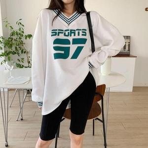 /옷자락 여자 기모 스포츠 브이넥 롱 티셔츠