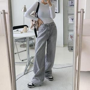 /옷자락 여자 연그레이 워싱 스트레이트 데님팬츠