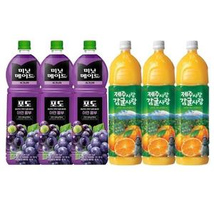 한번에먹자 과즙음료 2종 혼합세트 / 미닛메이드 포도 1.5L 3개 + 롯데 제주감귤 1.5L 3개 / 총 6개