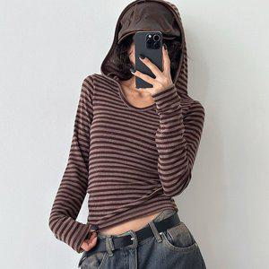 [옷자락]여자 슬림핏 단가라 브이넥 후드티 소프트 스판 니트