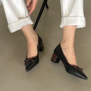 소가죽 리본 펌프스 5cm 통굽구두 스틸레토 미들힐