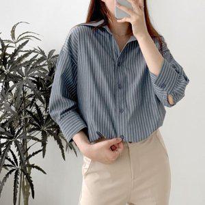[옷자락]여자 줄무늬남방 오피스룩 놈코어 청색 셔츠