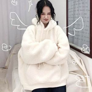 여자 무지 양털 뽀글이 후드 티셔츠 긴팔 겨울 오버핏