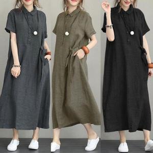 [HYD44J94_51IB]은창)린넨 카라 롱 원피스 루즈핏 반팔