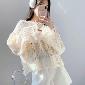 [옷자락]여자 여리핏 세미시스루 구제 꽈배기 롱슬리브 니트_P375428148