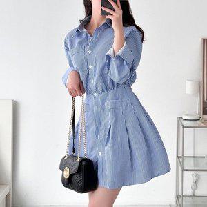 [옷자락]여자 가을 스트라이프 플레어 셔츠핏 카라 미니원피스_P376630446