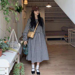 [옷자락]여자 데일리 귀여운 루즈핏 체크 플레어 롱원피스_P353345852