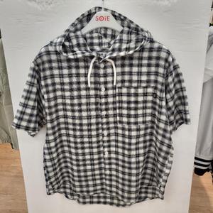 소이 HC22 5부 루즈핏 후드 체크 셔츠 여아 여름용 블랙 면 체크 박스핏 후드 셔츠 25